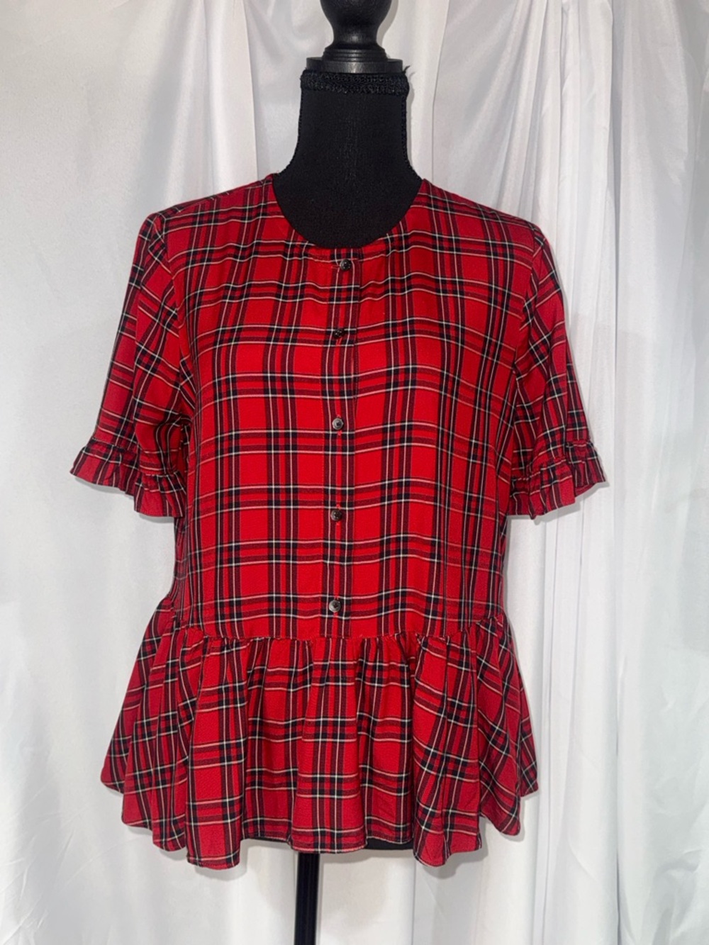 Madewell Red Plaid Ruffle-Hem Button Front Top